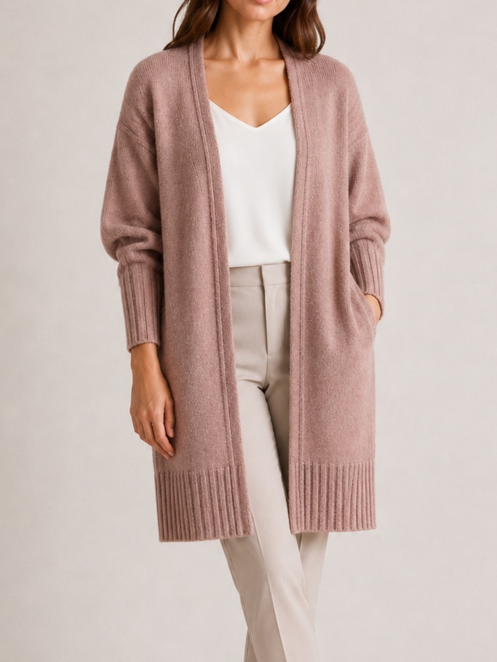 Topshop Blush Pink Longline Open Front Cardigan Ribbed Sleeve Sweater